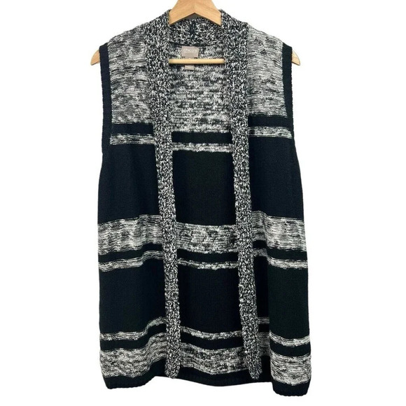 Chico's Sz 2 Large Black White Knit Sleeveless Striped Open Long Cardigan Vest - Picture 1 of 5